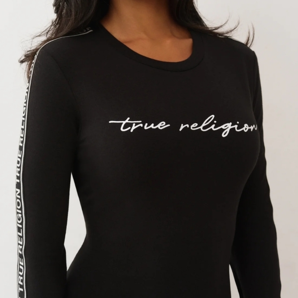 True Religion Black Long Sleeve Script Logo Tee with Sleeve Branding